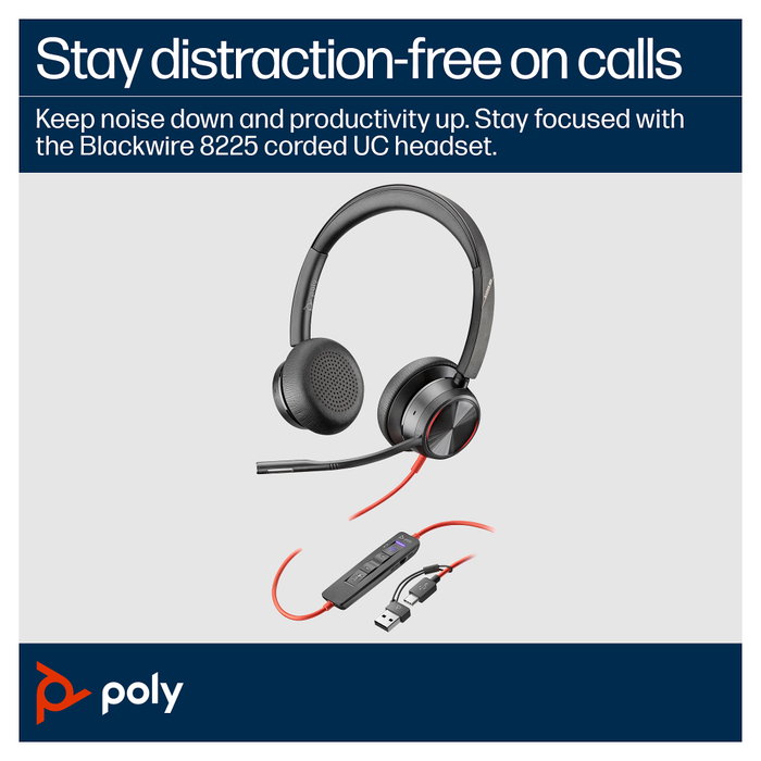 Poly Blackwire 8225 Auriculares estéreo USB-C con certificación Microsoft Teams y adaptador USB-C/A, Negro