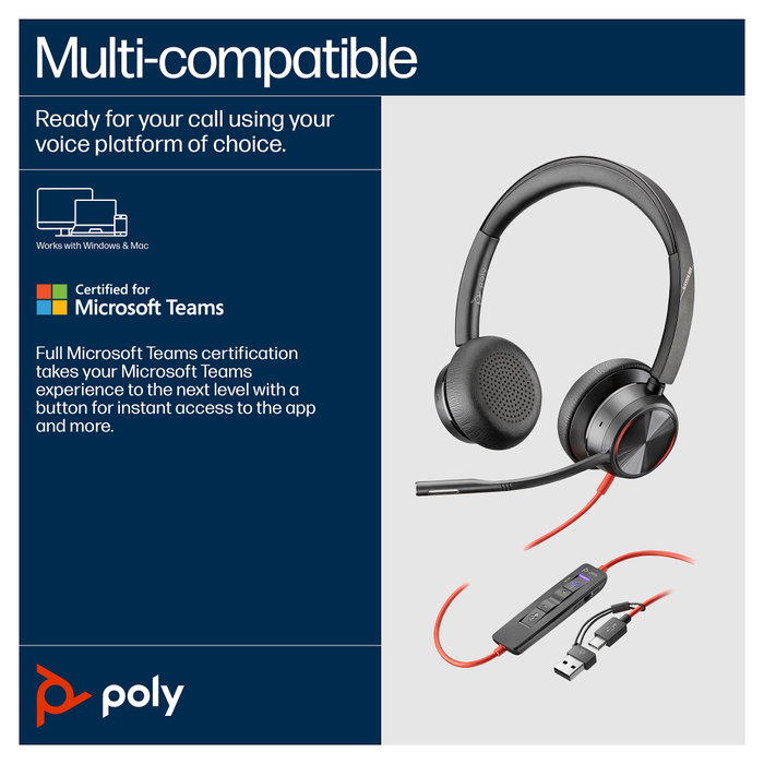 Poly Blackwire 8225 Auriculares estéreo USB-C con certificación Microsoft Teams + Adaptador USB-C/A, Negro Poly Blackwire 8225 Auriculares estéreo USB-C con certificación Microsoft Teams + Adaptador USB-C/A, Negro