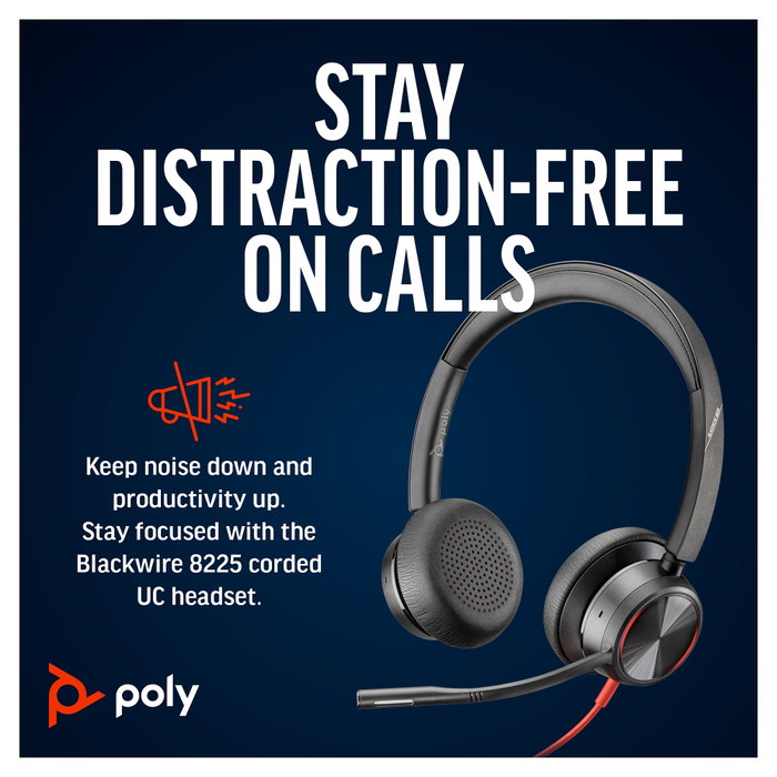 Poly Blackwire 8225 Auriculares estéreo USB-C con certificación Microsoft Teams y adaptador USB-C/A, Negro