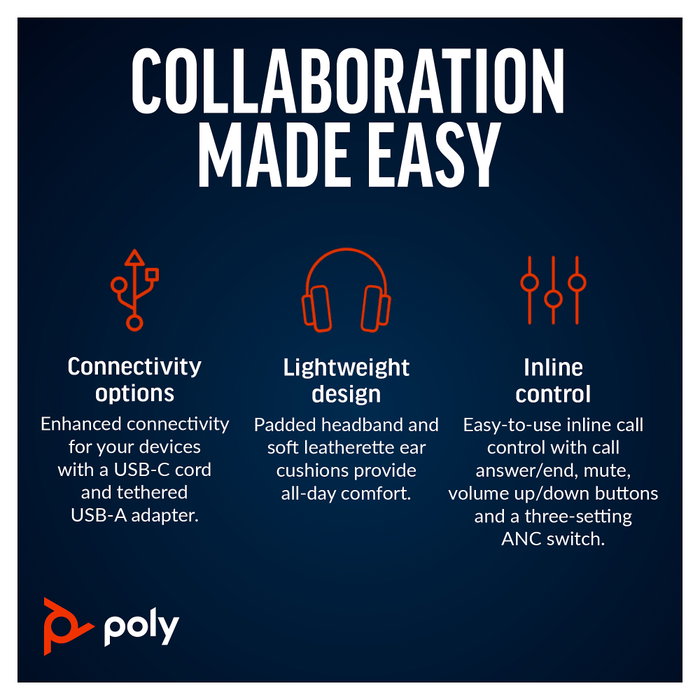 Poly Blackwire 8225 Auriculares estéreo USB-C con certificación Microsoft Teams y adaptador USB-C/A, Negro