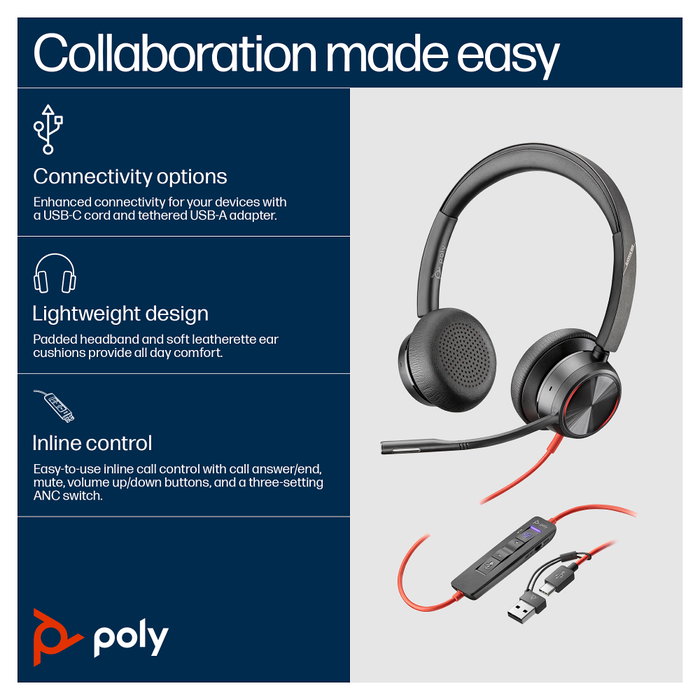 Poly Blackwire 8225 Auriculares estéreo USB-C con certificación Microsoft Teams y adaptador USB-C/A, Negro