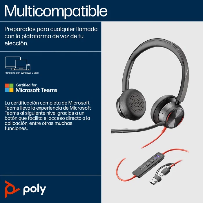 HP Poly Blackwire 8225 Stereo USB-C/A con Certificación Microsoft Teams, Negro HP Poly Blackwire 8225 Stereo USB-C/A con Certificación Microsoft Teams, Negro