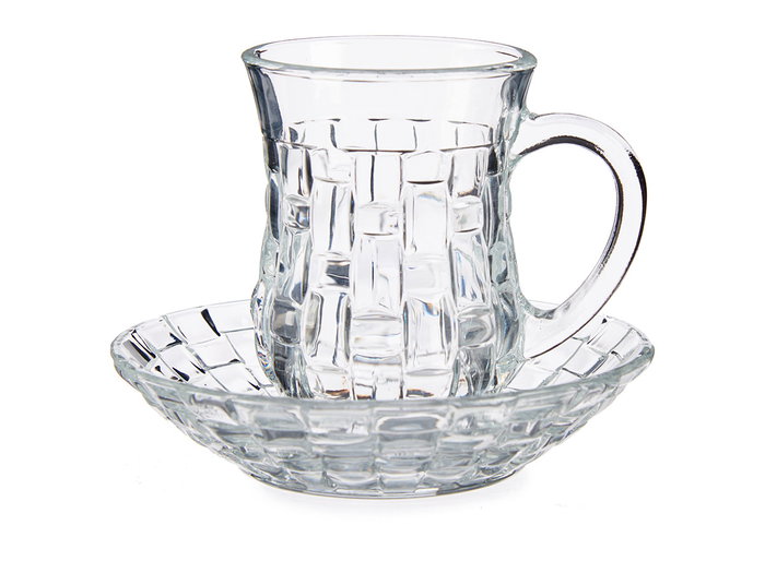 Vivalto Set 4 Tazas Vidrio con Plato Textura Mimbre 125 ml (Taza: 9x6.5x8.5cm, Plato: 12.2x12.2x2.8cm) (Set de 12)