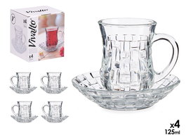 Vivalto Set 4 Tazas Vidrio con Plato Textura Mimbre 125 ml (Taza: 9x6.5x8.5cm, Plato: 12.2x12.2x2.8cm) (Set de 12)