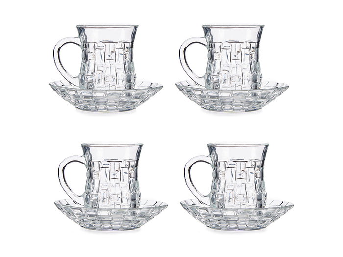 Vivalto Set 4 Tazas Vidrio con Plato Textura Mimbre 125 ml (Taza: 9x6.5x8.5cm, Plato: 12.2x12.2x2.8cm) (Set de 12)