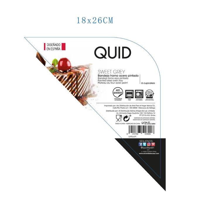 Bandeja Horno 6 Cupcakes Acero Pintado Sweet Grey Quid 27x19x3 cm (12 Unidades)