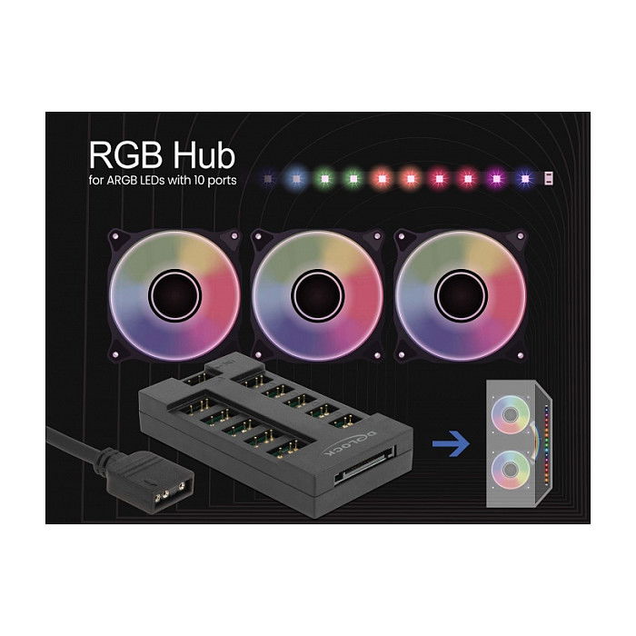 DELOCK Hub RGB para LEDs ARGB, 10 Puertos, Cable de 0.5 m, Negro, Plástico
