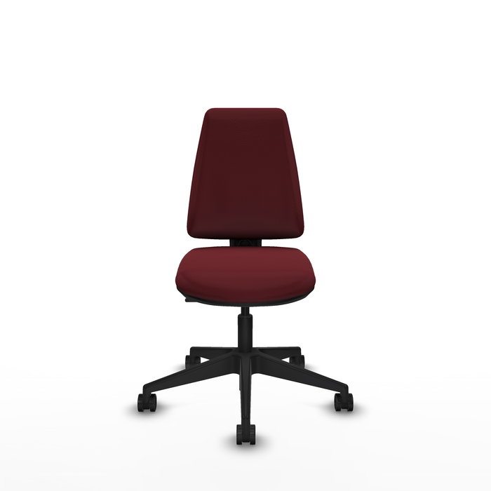 Silla de oficina Elche con mecanismo Contacto permanente básico tapizada con Similpiel color Granate. Equipada con Base piramidal negra, Sin brazos y Ruedas 65mm nailon