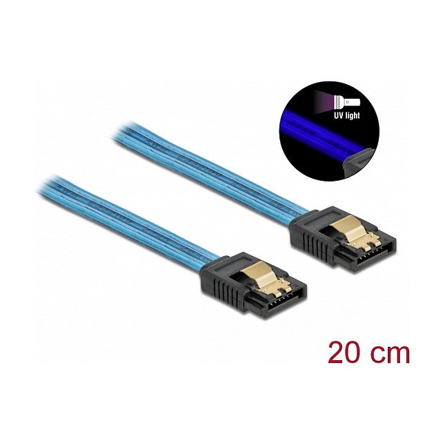 DeLOCK Cable SATA 6 Gb/s con efecto de brillo UV azul 20 cm 82121
