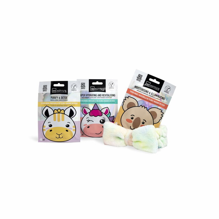 IDC INSTITUTE Set Spa Cute Animals Ultimate Estuche 4 pz: Diadema y 3 Mascarillas Faciales (Unicornio, Jirafa, Koala)