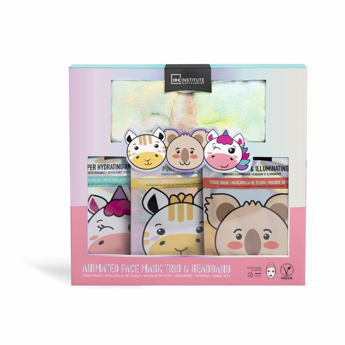 IDC INSTITUTE Set Spa Cute Animals Ultimate Estuche 4 pz: Diadema y 3 Mascarillas Faciales (Unicornio, Jirafa, Koala)