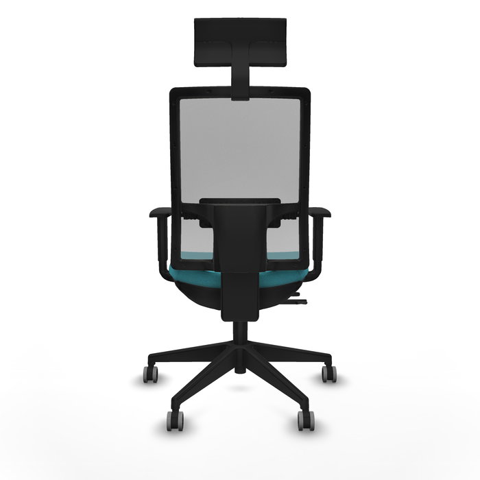 Silla de oficina Horna con mecanismo Sincro/Traslack tapizada con Tela color Turquesa y malla color Gris. Equipada con lumbar 1D, Brazos 1D, Cabecero Fijo y Ruedas 65 mm parqué