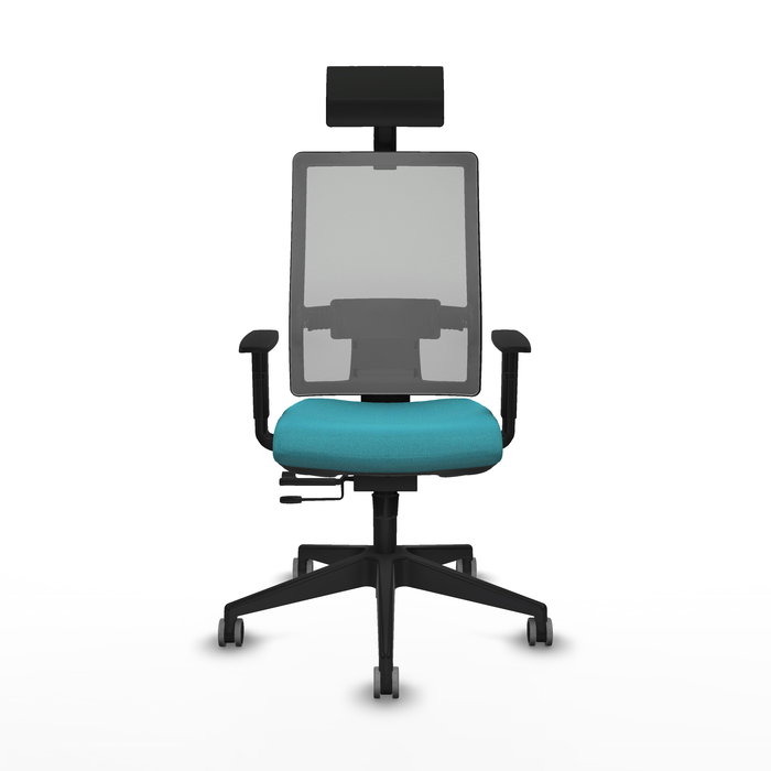 Silla de oficina Horna con mecanismo Sincro/Traslack tapizada con Tela color Turquesa y malla color Gris. Equipada con lumbar 1D, Brazos 1D, Cabecero Fijo y Ruedas 65 mm parqué