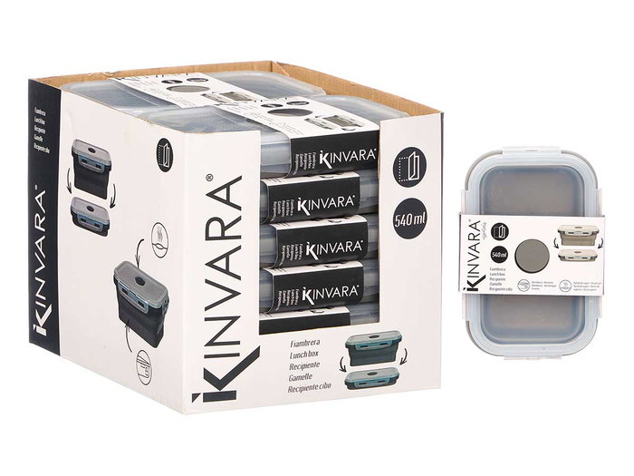 Kinvara Fiambrera de Silicona Rectangular 540ml Antracita Gris/Transparente 16.5x10.7x2.8cm (Set de 24)