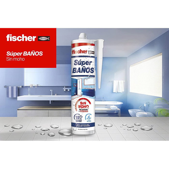 Fischer Silicona Neutra Antimoho para Baños y Cocinas, Blanca, 280 ml, Rápida Curación, 15 años de Garantía, Sellado de Duchas, Lavabos y Mamparas Fischer Silicona Neutra Antimoho para Baños y Cocinas, Blanca, 280 ml, Rápida Curación, 15 años de Garantía, Sellado de Duchas, Lavabos y Mamparas