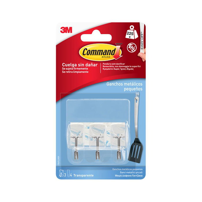3M Command Ganchos Transparentes Pequeños con Punta de Alambre, 3 Unidades + 4 Tiras, Carga Máx. 225 g