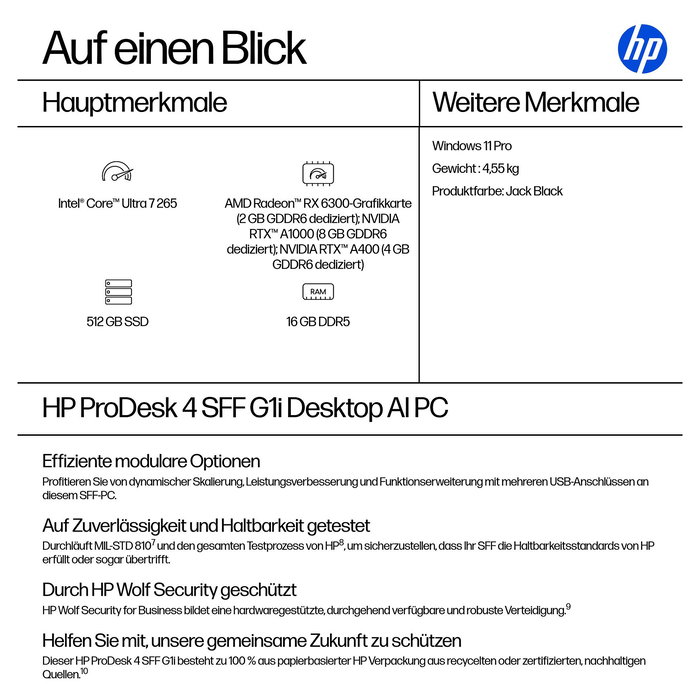 HP ProDesk 4 SFF G1i CU7-265 Ordenador de sobremesa 16GB RAM 512GB SSD Windows 11 Pro