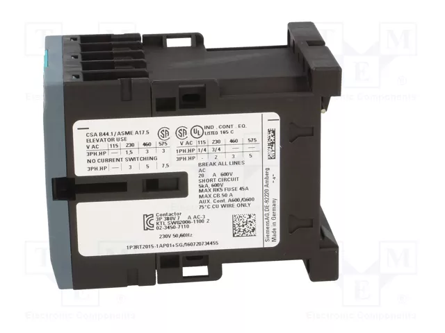 Siemens 3RT2015-1AP01 Contactor Eléctrico AC-3 3kW/400V 230VAC 3p S00