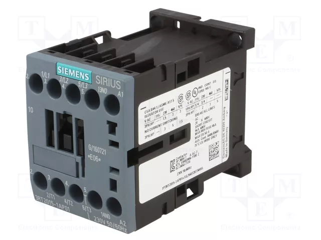 Siemens 3RT2015-1AP01 Contactor Eléctrico AC-3 3kW/400V 230VAC 3p S00