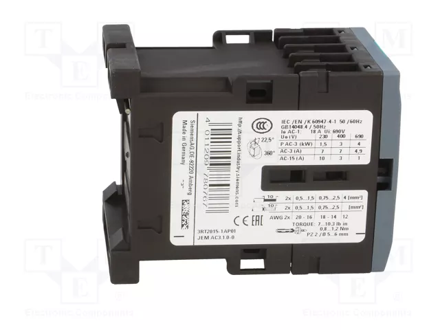 Siemens 3RT2015-1AP01 Contactor Eléctrico AC-3 3kW/400V 230VAC 3p S00