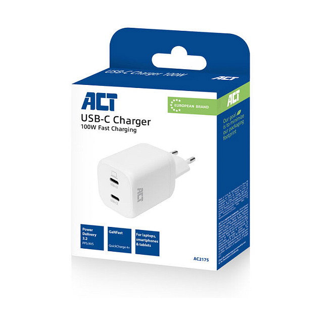 ACT Cargador USB-C 100W de 2 puertos con Power Delivery 3.2, PPS, AVS, QuickCharge y GaNFast