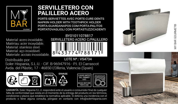 Inde Servilletero Acero con Palillero My Bar 16.1 cm x 4.5 cm x 8.9 cm (24 Unidades)