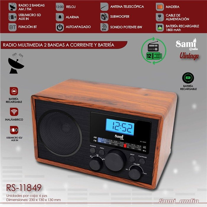 SAMI Radio Vintage Multimedia con Reloj Digital, 2 Bandas (AM/FM), Funciona con Corriente AC y Pilas