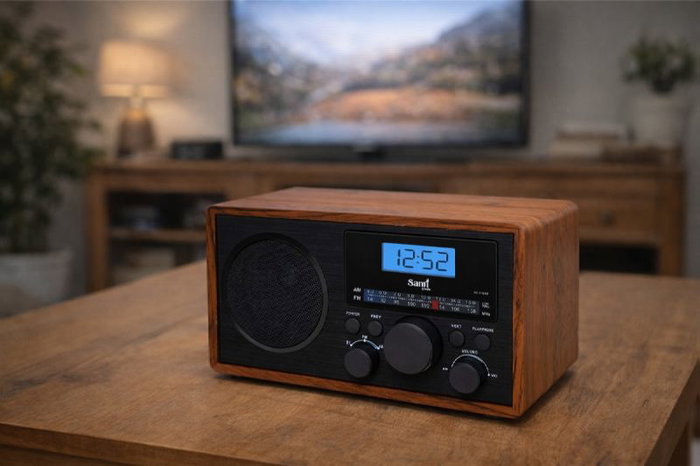 SAMI Radio Vintage Multimedia con Reloj Digital, 2 Bandas (AM/FM), Funciona con Corriente AC y Pilas