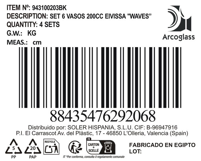 La Mediterranea - Set de 6 Vasos Eivissa Waves, 200 cc o ml, Cristalería para Bebidas (8 Cajas)