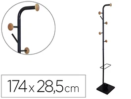 Q-connect Perchero Metálico Negro con Detalles de Madera y Paraguero, 6 Colgadores, 174x28,5 cm