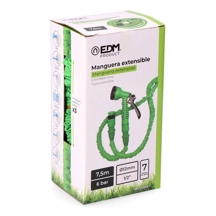 Edm Manguera Extensible Ø12 mm, ½ Pulg, 7,5 m con Pistola de 7 Chorros y Accesorios Edm Manguera Extensible Ø12 mm, ½ Pulg, 7,5 m con Pistola de 7 Chorros y Accesorios