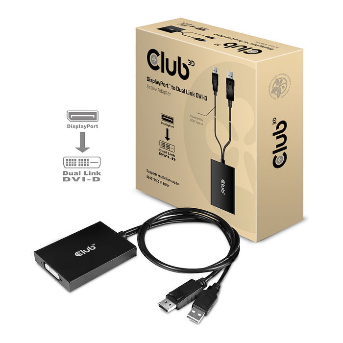 Club 3D Adaptador DisplayPort a DVI-D Activo Dual Link CAC-1010, Conector Macho/Hembra, 0.6 m, 3840x2160 Pixeles, USB Con Alimentación, Negro y Blanco