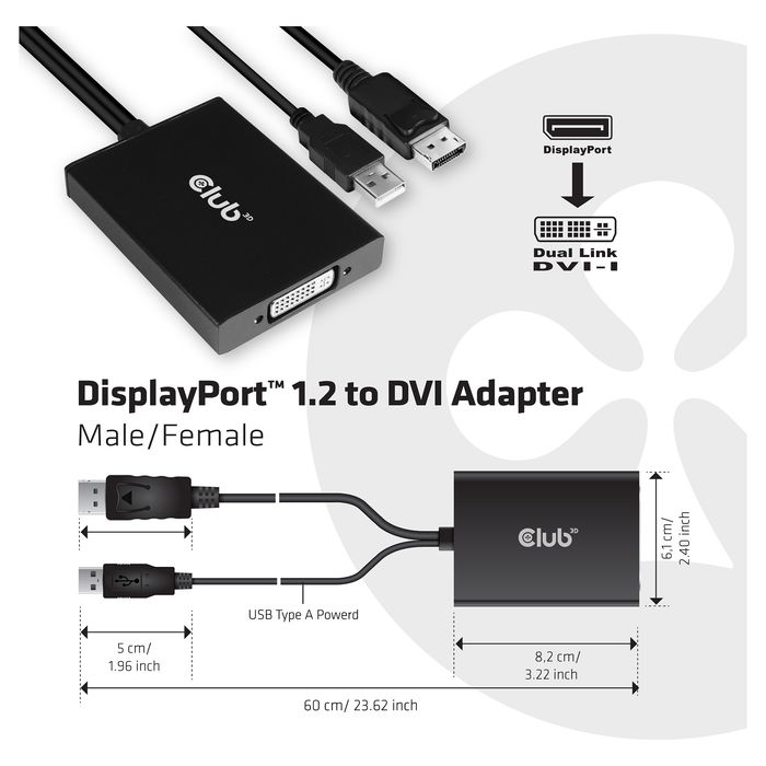 Club 3D Adaptador DisplayPort a DVI-D Activo Dual Link CAC-1010, Conector Macho/Hembra, 0.6 m, 3840x2160 Pixeles, USB Con Alimentación, Negro y Blanco