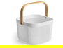 KIPIT Cesta Multiusos Blanca Cuadrada con Asa de Madera, Plástico PP, Dimensiones 26.5x18x25 cm, Asa 30 cm (Set de 12)