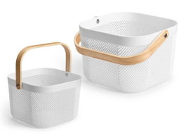 KIPIT Cesta Multiusos Blanca Cuadrada con Asa de Madera, Plástico PP, Dimensiones 26.5x18x25 cm, Asa 30 cm (Set de 12)