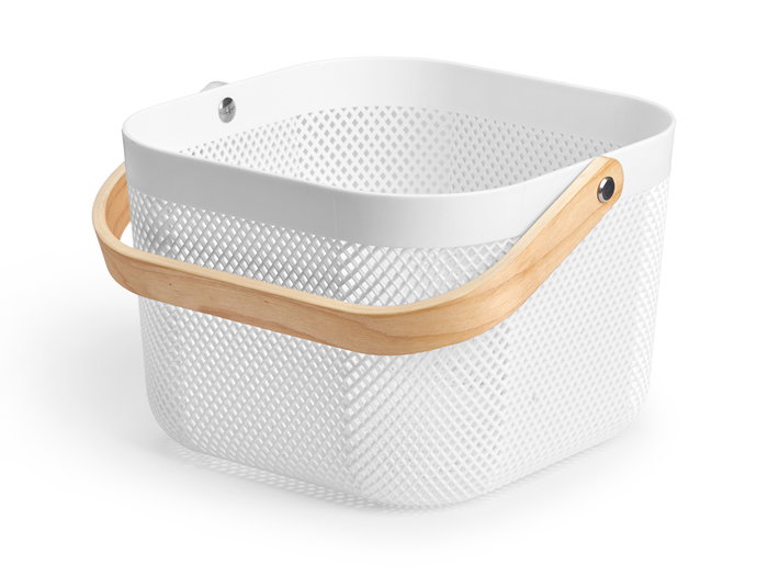 KIPIT Cesta Multiusos Blanca Cuadrada con Asa de Madera, Plástico PP, Dimensiones 26.5x18x25 cm, Asa 30 cm (Set de 12)