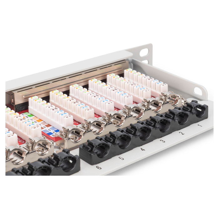 Digitus Patch Panel de Interconexión CAT 6A Clase EA Apantallado Alta Densidad 24 Puertos Chapado en Oro Montaje Rack 0.5U Gris