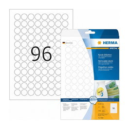 HERMA Etiquetas A4 Blanco 20 mm Redondas Desmontables Papel 2400 Unidades 4386 - Etiquetas Adhesivas para Impresora Láser/Inkjet, FSC