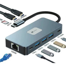 Leotec LEDS02 Docking Station USB-C 10 en 1 con Puerto PD 100W, 2x HDMI 4K 60Hz, 3x USB 3.0, Gigabit Ethernet, Lector de Tarjetas SD/MicroSD - Gris