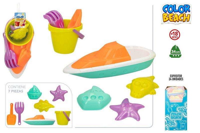 Color Baby Barco de Playa 34 cm con Pala, Rastrillo y 3 Moldes, Juguete Infantil Surtido para Niños +18 Meses