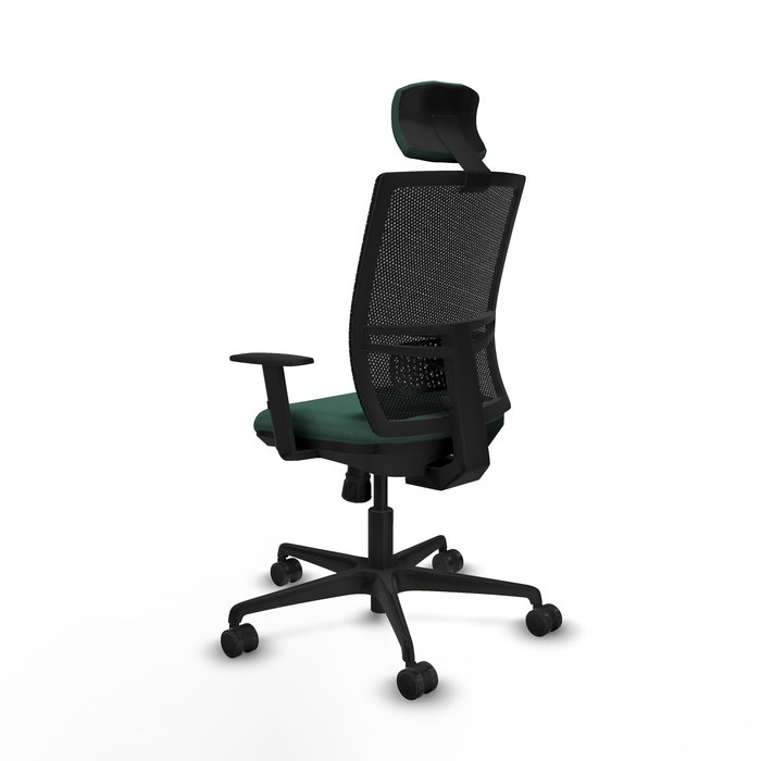 Silla de oficina Yunquera con mecanismo Sincro tapizada con Tela color Verde botella y malla color Negro. Equipada con lumbar 1D, Brazos 1D, Cabecero 1D y Ruedas 65mm nailon