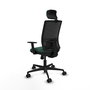 Silla de oficina Yunquera con mecanismo Sincro tapizada con Tela color Verde botella y malla color Negro. Equipada con lumbar 1D, Brazos 1D, Cabecero 1D y Ruedas 65mm nailon