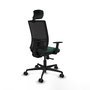 Silla de oficina Yunquera con mecanismo Sincro tapizada con Tela color Verde botella y malla color Negro. Equipada con lumbar 1D, Brazos 1D, Cabecero 1D y Ruedas 65mm nailon