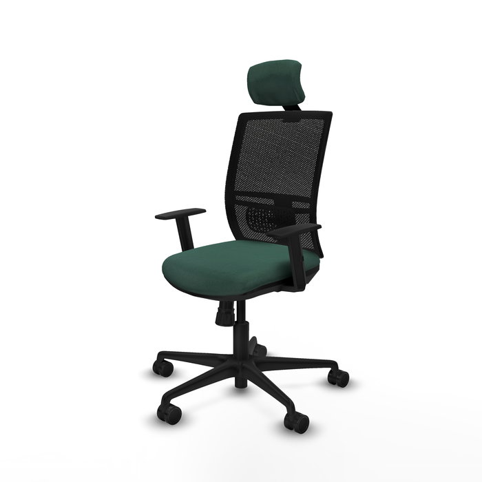 Silla de oficina Yunquera con mecanismo Sincro tapizada con Tela color Verde botella y malla color Negro. Equipada con lumbar 1D, Brazos 1D, Cabecero 1D y Ruedas 65mm nailon