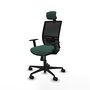 Silla de oficina Yunquera con mecanismo Sincro tapizada con Tela color Verde botella y malla color Negro. Equipada con lumbar 1D, Brazos 1D, Cabecero 1D y Ruedas 65mm nailon