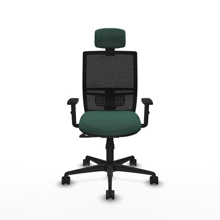 Silla de oficina Yunquera con mecanismo Sincro tapizada con Tela color Verde botella y malla color Negro. Equipada con lumbar 1D, Brazos 1D, Cabecero 1D y Ruedas 65mm nailon