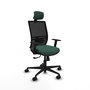 Silla de oficina Yunquera con mecanismo Sincro tapizada con Tela color Verde botella y malla color Negro. Equipada con lumbar 1D, Brazos 1D, Cabecero 1D y Ruedas 65mm nailon