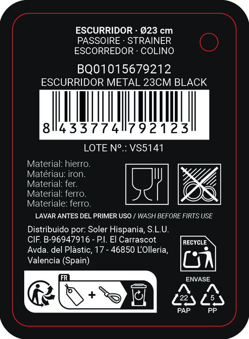Inde Escurridor de Platos de Metal, Negro, 23 cm de Ancho x 27.5 cm de Largo (24 Unidades)