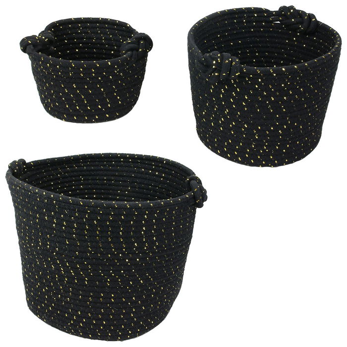 Totally Addict Juego 3 Cestos Almacenar Negro Algodón Fibra Dorada Diferentes Medidas