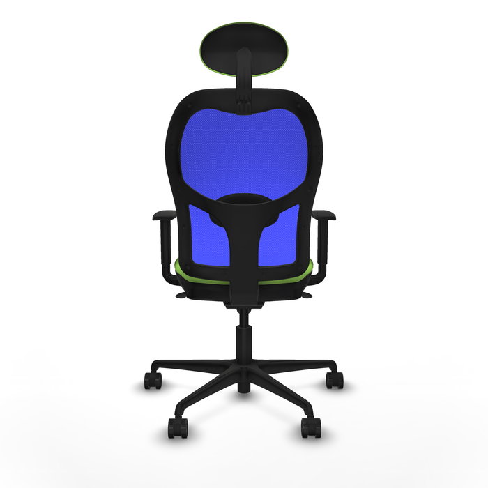 Silla de oficina Jorquera con mecanismo Sincro tapizada con Tela color Pistacho y malla color Azul. Equipada con lumbar 1D, Brazos 1D, Cabecero Fijo y Ruedas 65mm nailon